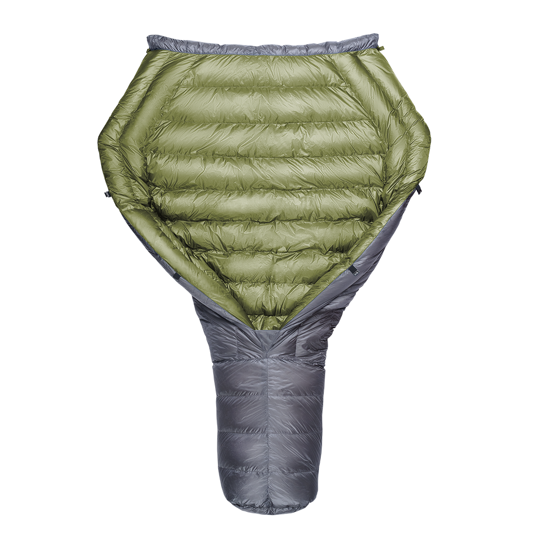 A StormLoft Down TopQuilt, designed for use as a sleeping pad top quilt to insulate against cold drafts.