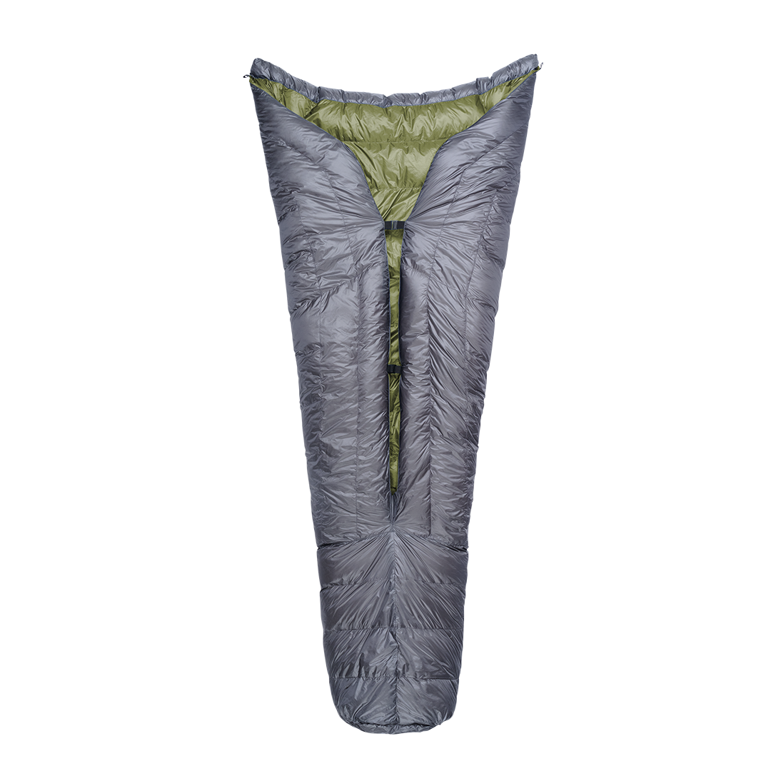 Full view of the Outdoor Vitals StormLoft Down TopQuilt shown from the back, displaying its open-back design, pad attachment points, and tapered footbox.