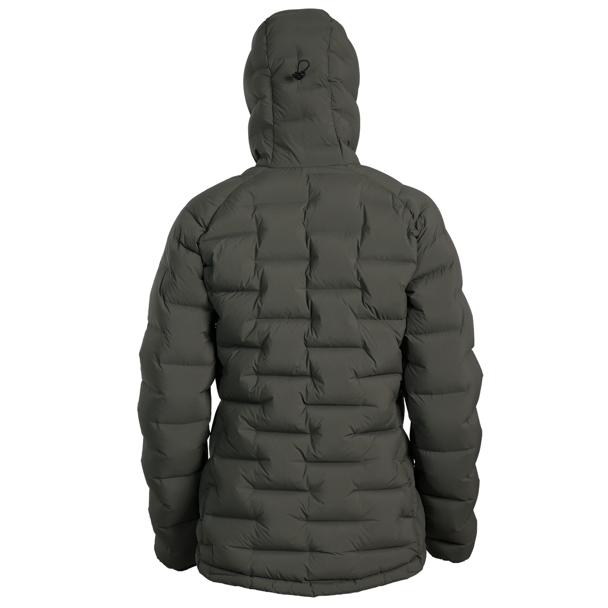 A dark gray hooded puffer jacket shown from the back, featuring horizontal quilted baffles and a high hood, photographed against a solid white background.