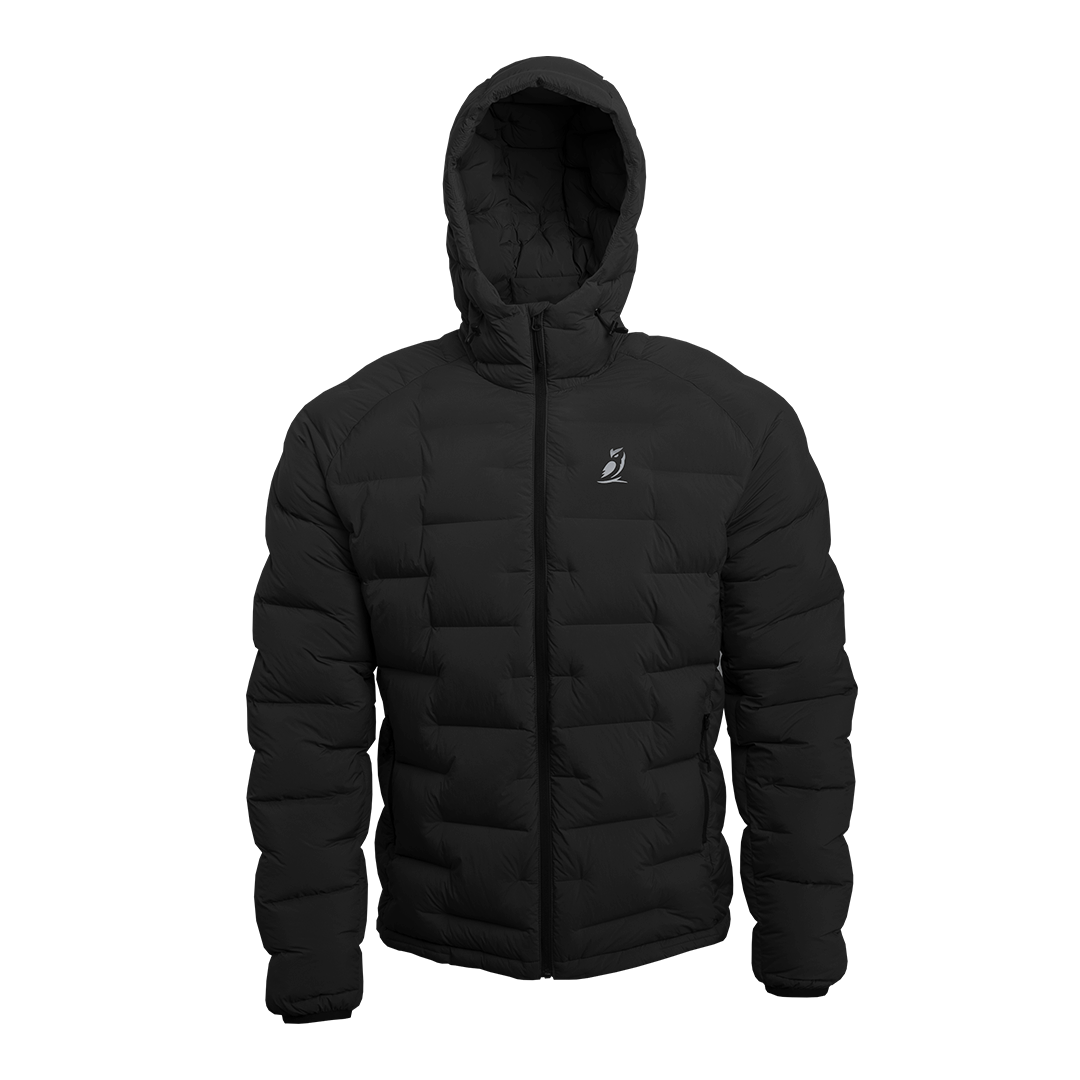 Outdoor Vitals Vantage Alpine Down Jacket – front view with hood up, ultralight 850 fill down insulation
