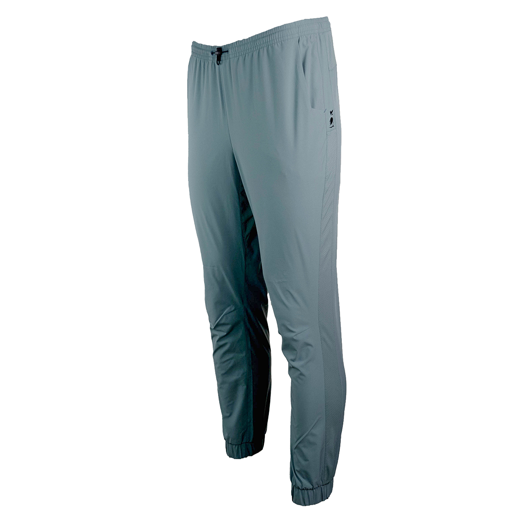 front view of men's jogger pants with adjustable cinch cord on the waist
