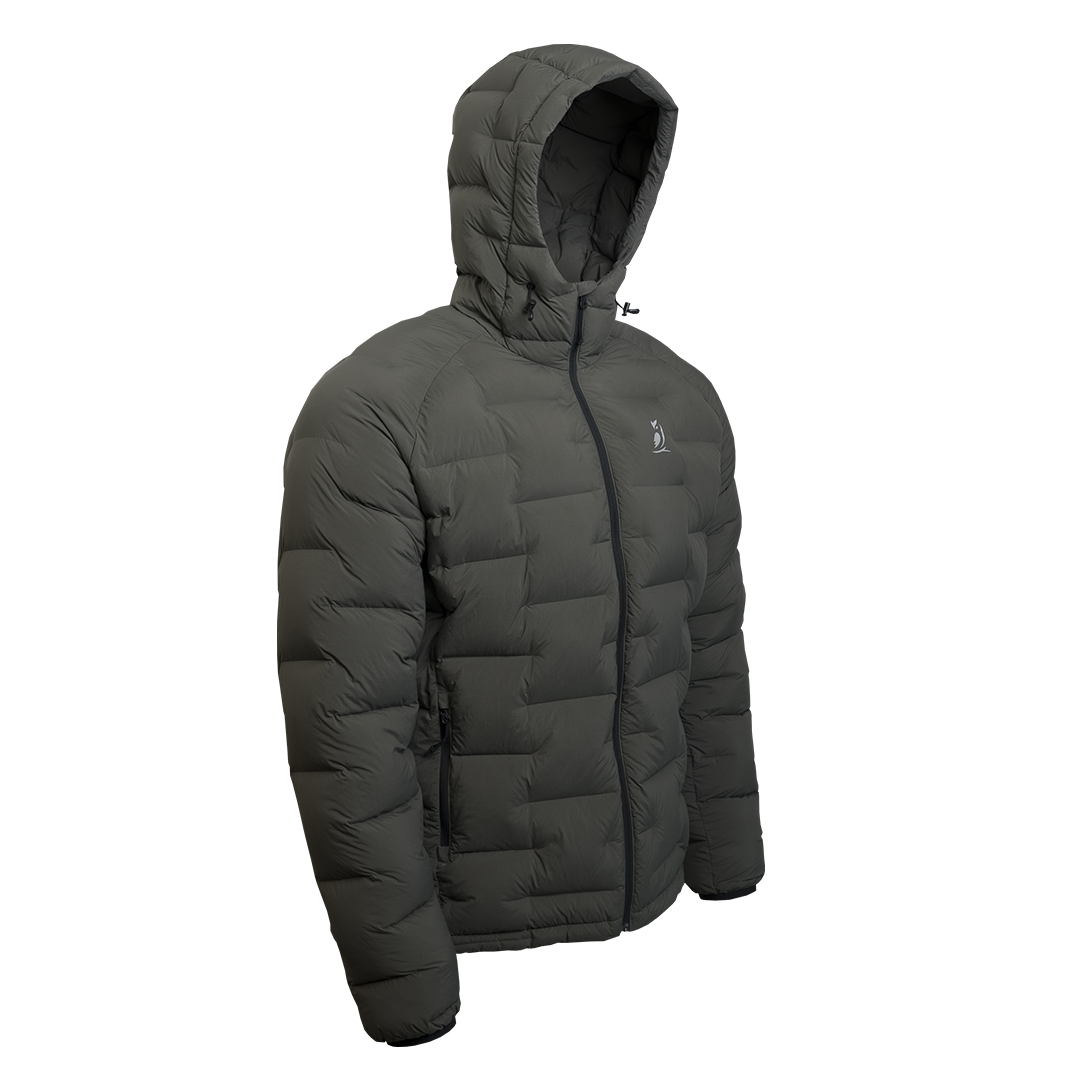 Outdoor Vitals Vantage Alpine Down Jacket – angled front view with hood, ultralight backpacking puffy