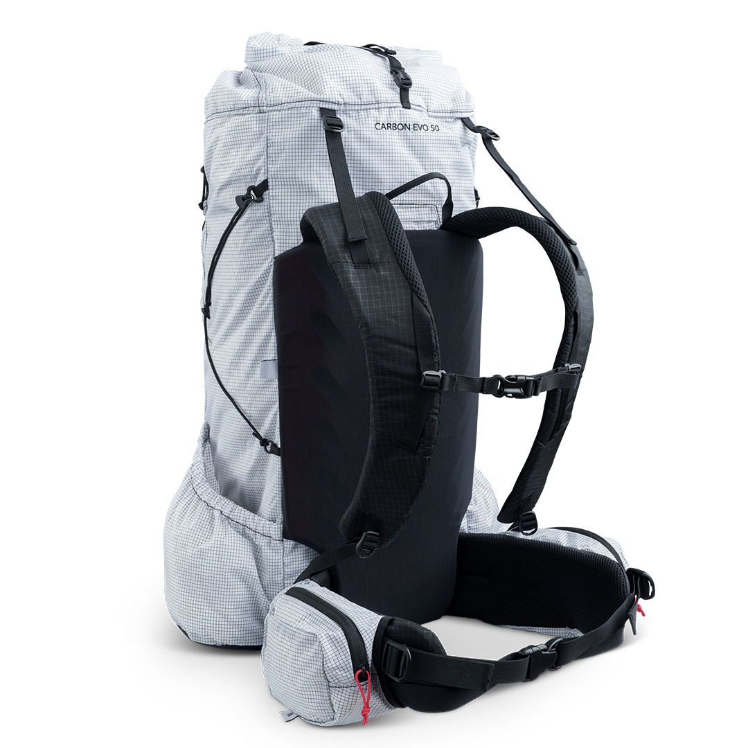 Angled rear view of ultralight backpack showing suspension system, shoulder straps, and hip belt.