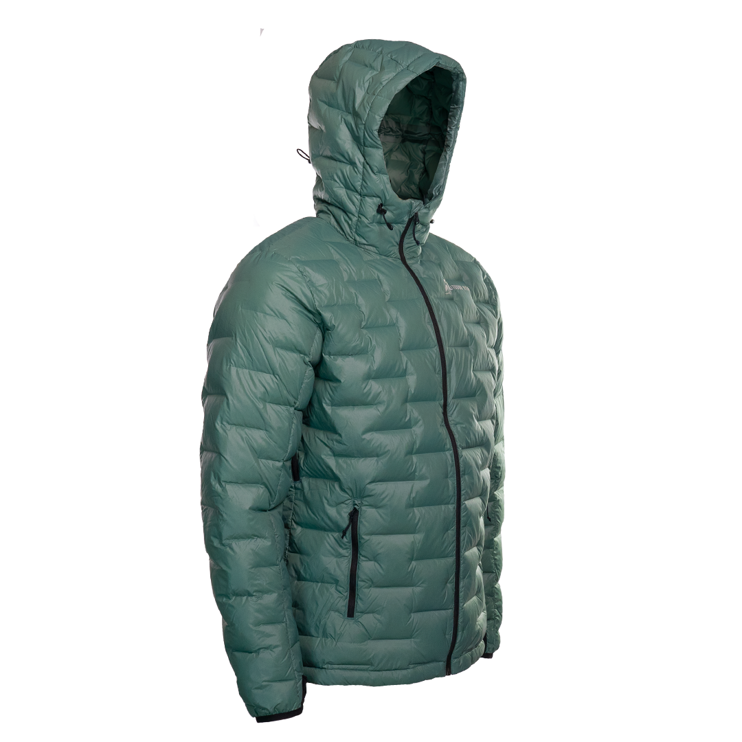 Angled front view of a Outdoor Vitals insulated hooded jacket, featuring quilted baffles and a full-length zipper.
