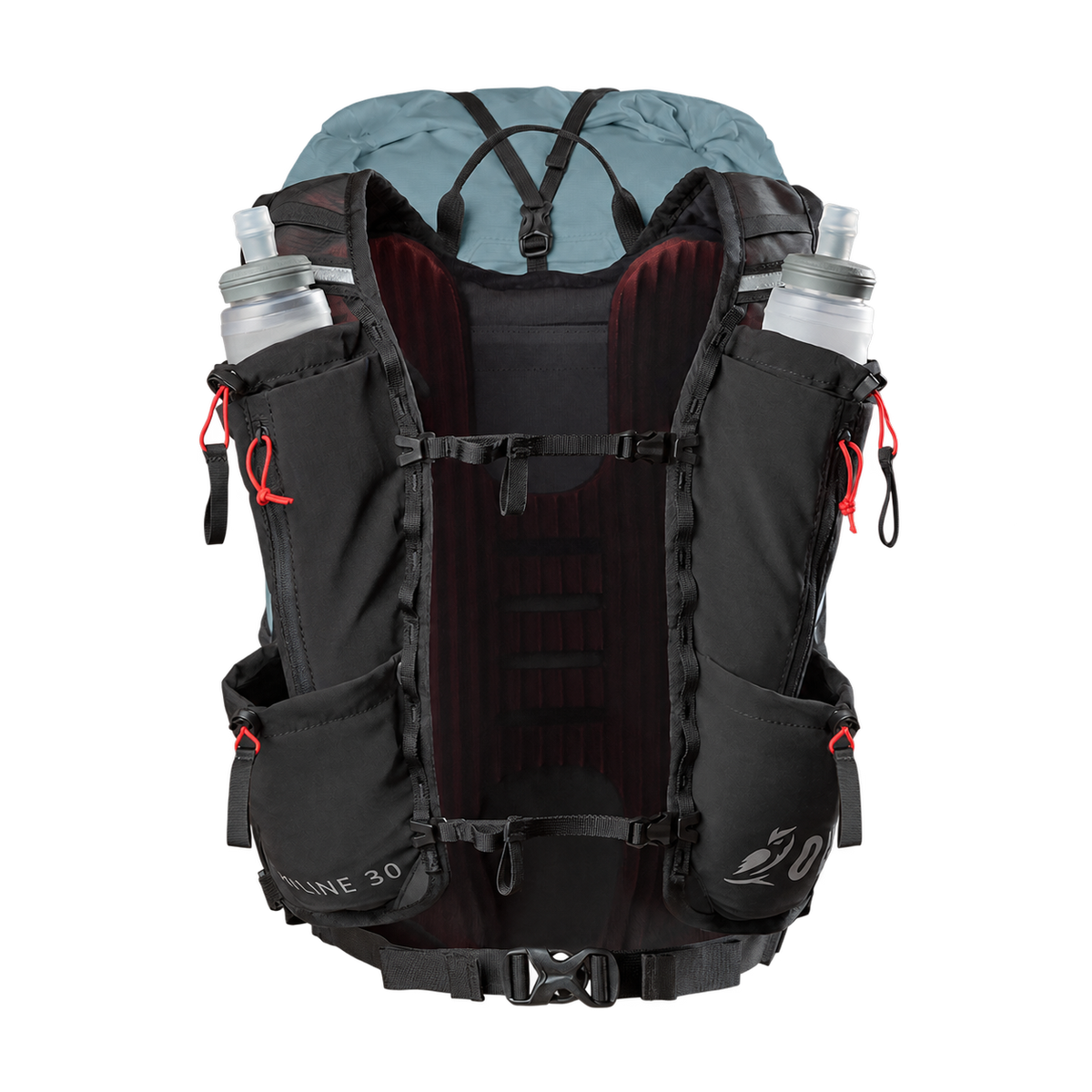 A black and dark red technical hiking backpack shown from the back, featuring side water bottle pockets with clear bottles, a blue-gray top panel, and a red padded back insert, photographed on a white background.