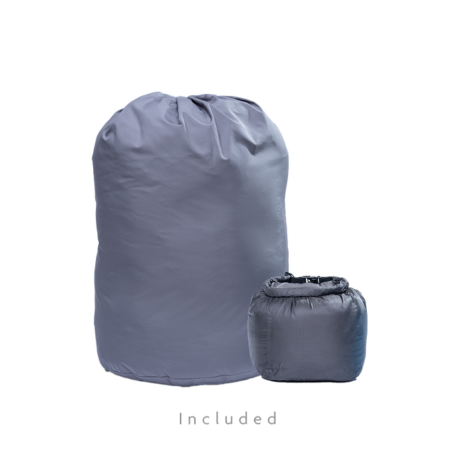 Storage sack and compression dry sack included with Outdoor Vitals Summit Down Sleeping Bag.