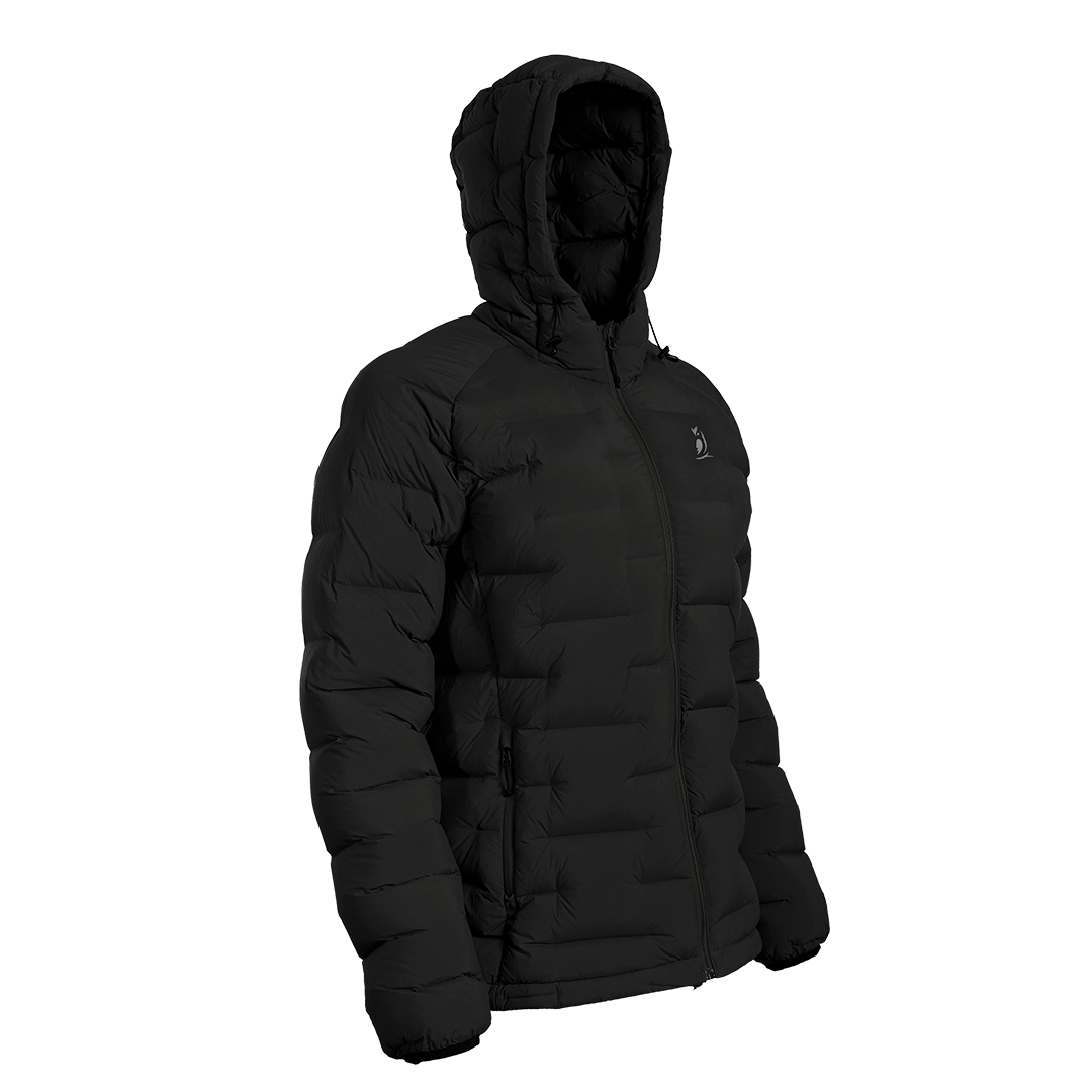 A black hooded puffer jacket shown on a plain white background, photographed from a three-quarter angle.