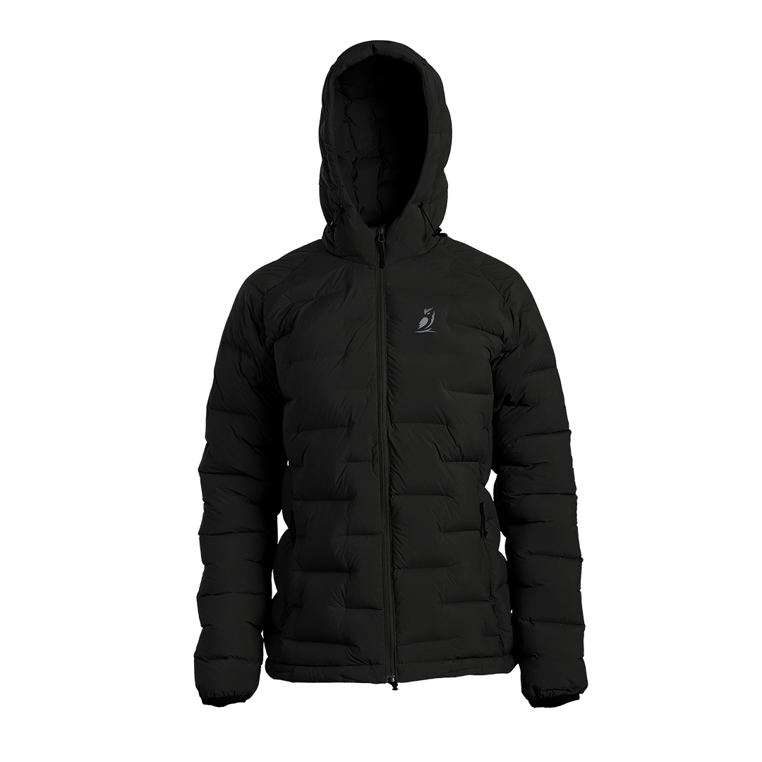 A black hooded puffer jacket with horizontal quilting, a full front zipper, and a small white logo on the left chest, displayed on a solid white background.