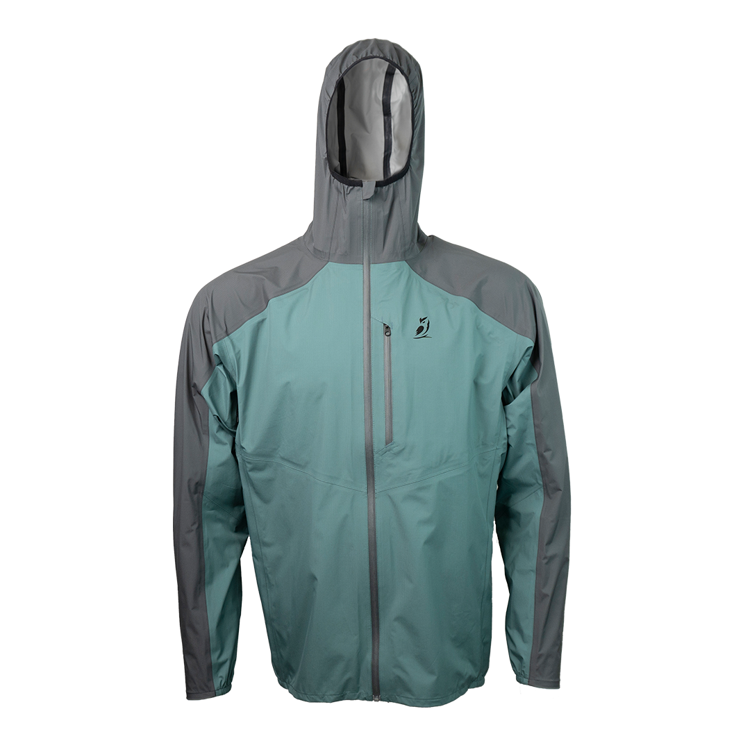 front view of men's ultralight rain jacket for backpacking