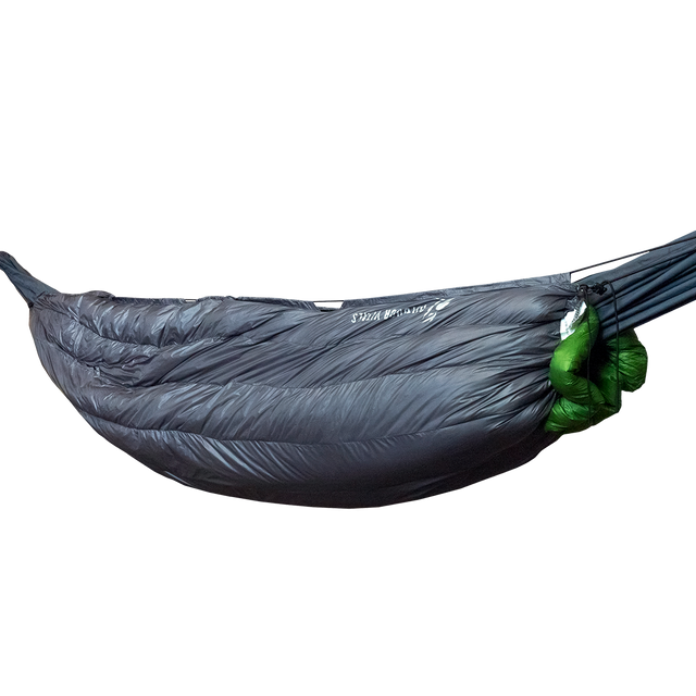 Outdoor Vitals StormLoft Down UnderQuilt suspended beneath a camping hammock, showing its contoured shape and longitudinal insulation baffles.