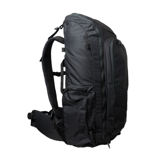 Side profile view of the Outdoor Vitals KotaUL Ultralight Travel & Adventure Backpack, showcasing the deep water bottle side pocket, zippered front access panel, and contoured shoulder strap system.