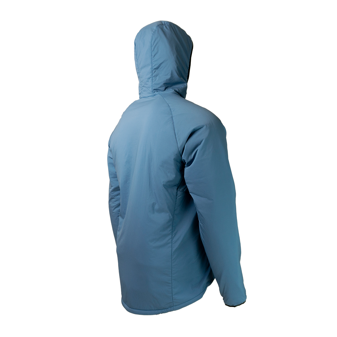 Rear angled view of the Outdoor Vitals Vario Jacket with the hood up