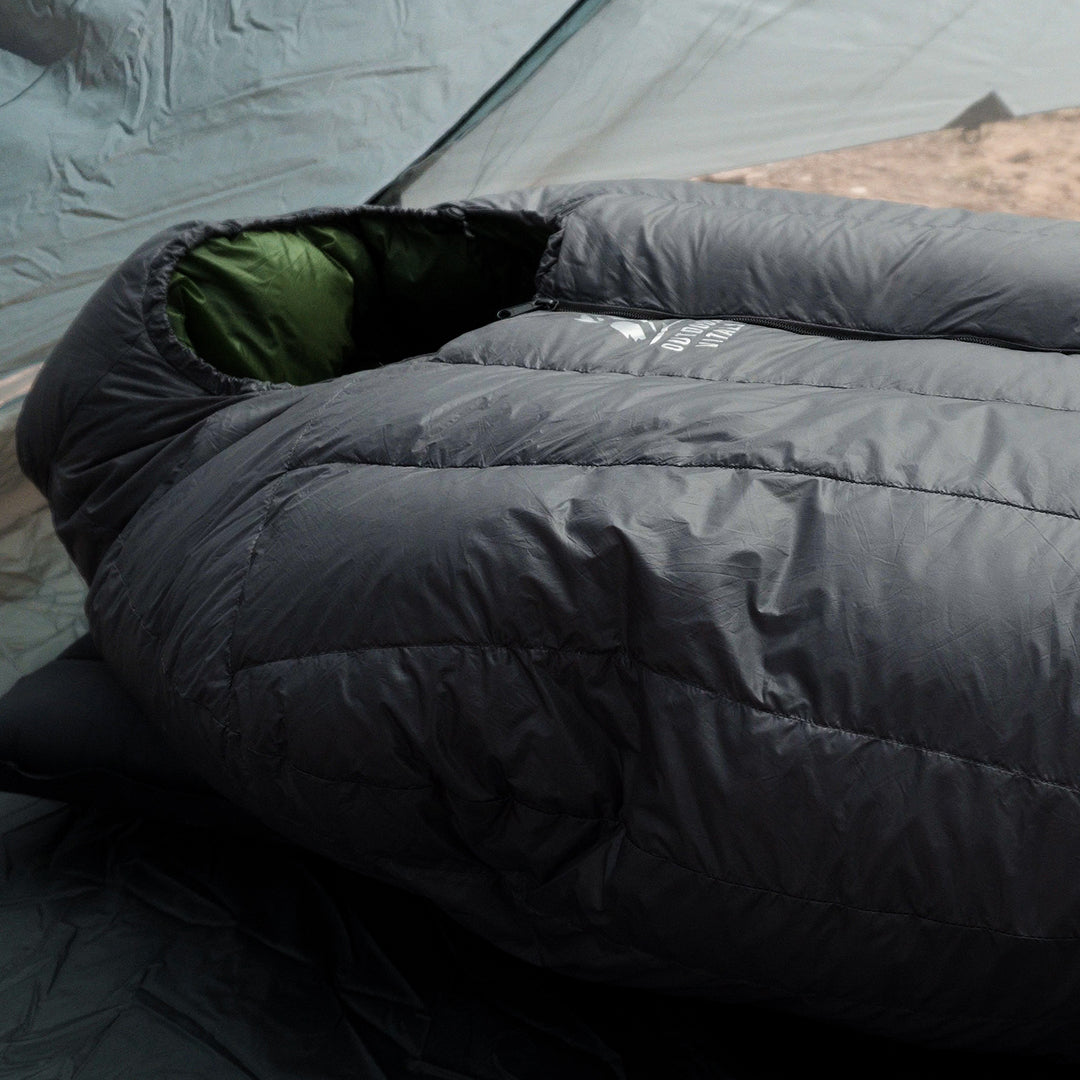 side view of ultralight down sleeping bag inside tent