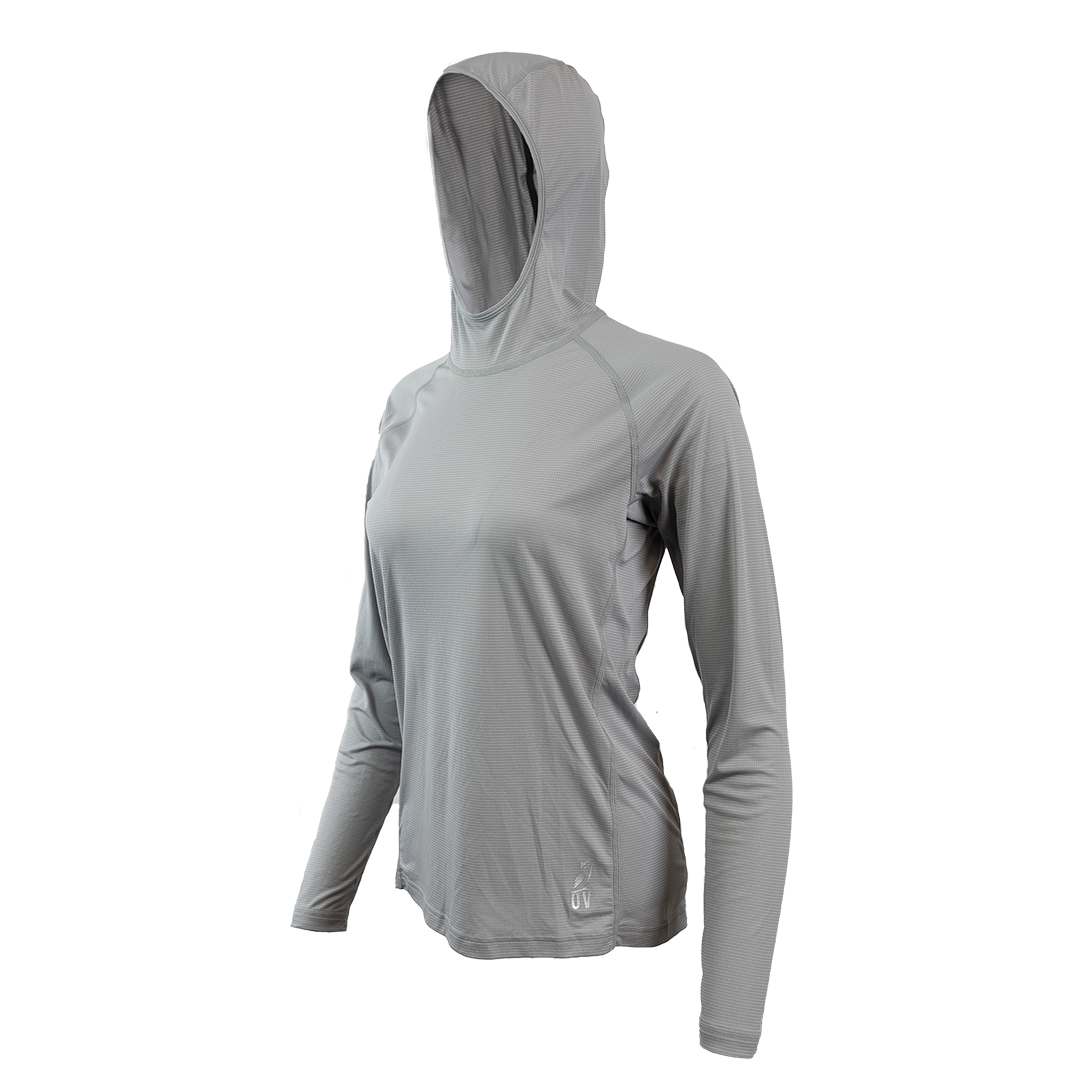 Ultralight synthetic hoodie, displaying true flat-lock seams and a minimal clean collar. 45 degree angle front left view
