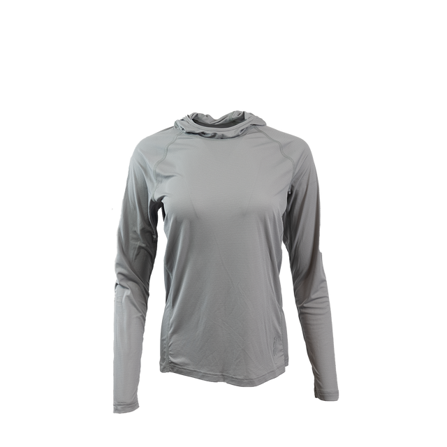 Ultralight synthetic hoodie, displaying true flat-lock seams and a minimal clean collar. Front view