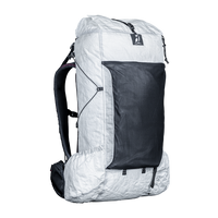 Angled front view of CS40 Ultra backpack with a visible brand logo on a plain background highlighting front mesh pocket