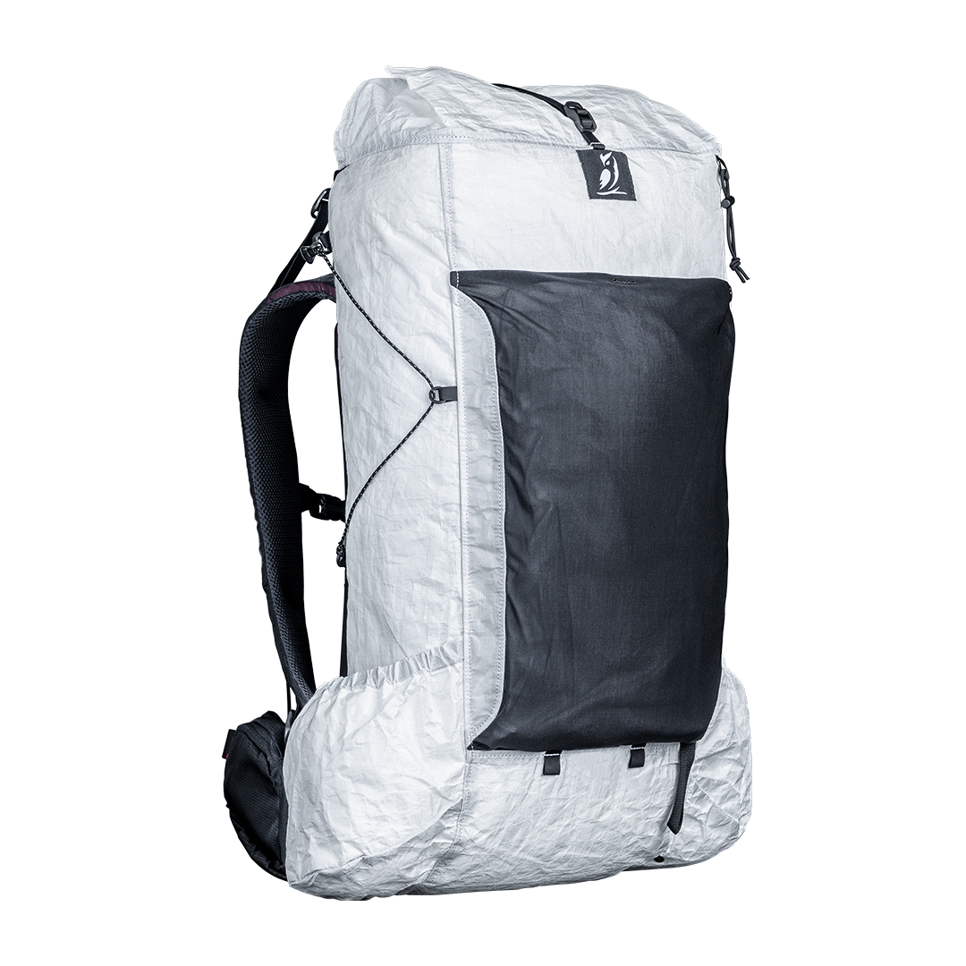 Angled shot of CS40 Ultra backpack with a visible brand logo on a plain background