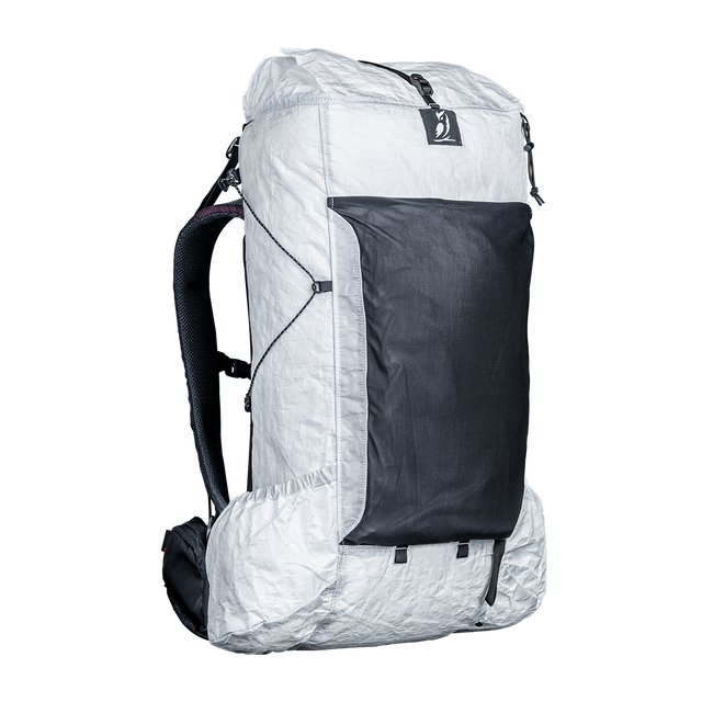Angled shot of CS40 Ultra backpack with a visible brand logo on a plain background