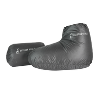 Ultralight down camp booties with included stuff sack for backpacking insulation