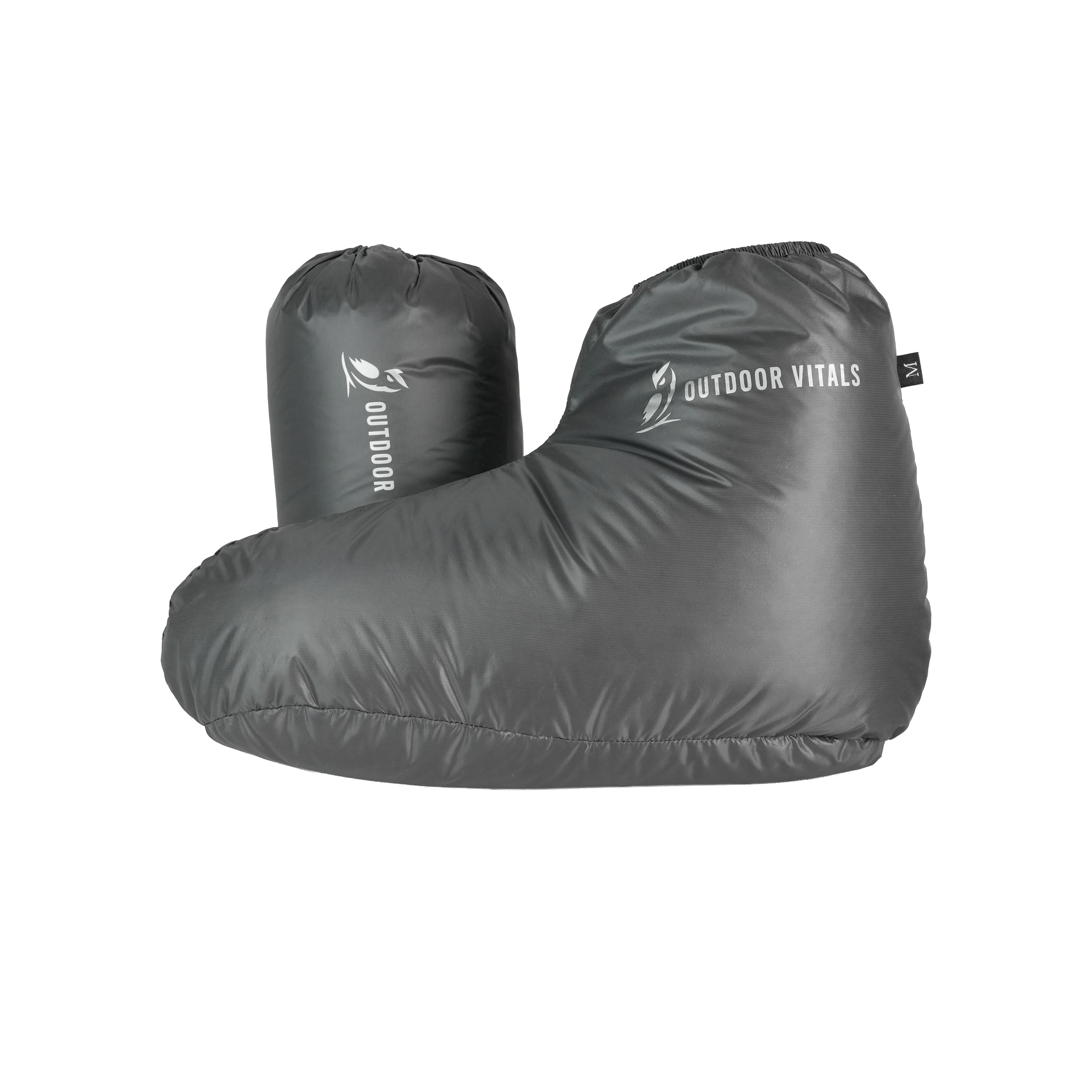 Lightweight down booties and compression stuff sack for camping and backpacking