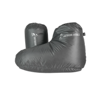 Lightweight down booties and compression stuff sack for camping and backpacking