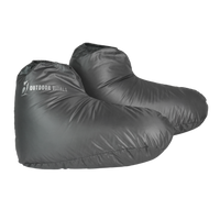 Side view of insulated down booties for camping, backpacking, and cold weather use