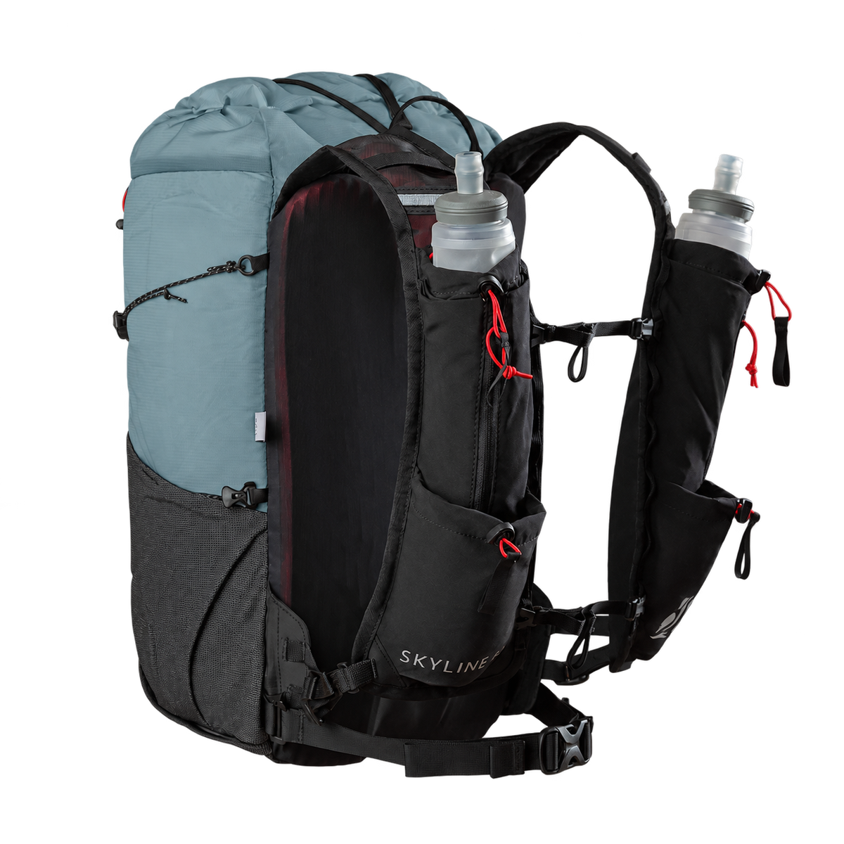 A technical outdoor backpack shown on a white background, featuring a light blue top section, a black central body with red accents, a dark gray lower section, and two black hydration bottles mounted on the sides. The brand name 'SKYLINE' is visible near the bottom front.
