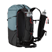 A technical outdoor backpack shown on a white background, featuring a light blue top section, a black central body with red accents, a dark gray lower section, and two black hydration bottles mounted on the sides. The brand name 'SKYLINE' is visible near the bottom front.
