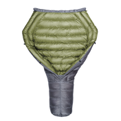 A green StormLoft Down TopQuilt, designed for use as a sleeping pad top quilt to insulate against cold drafts.