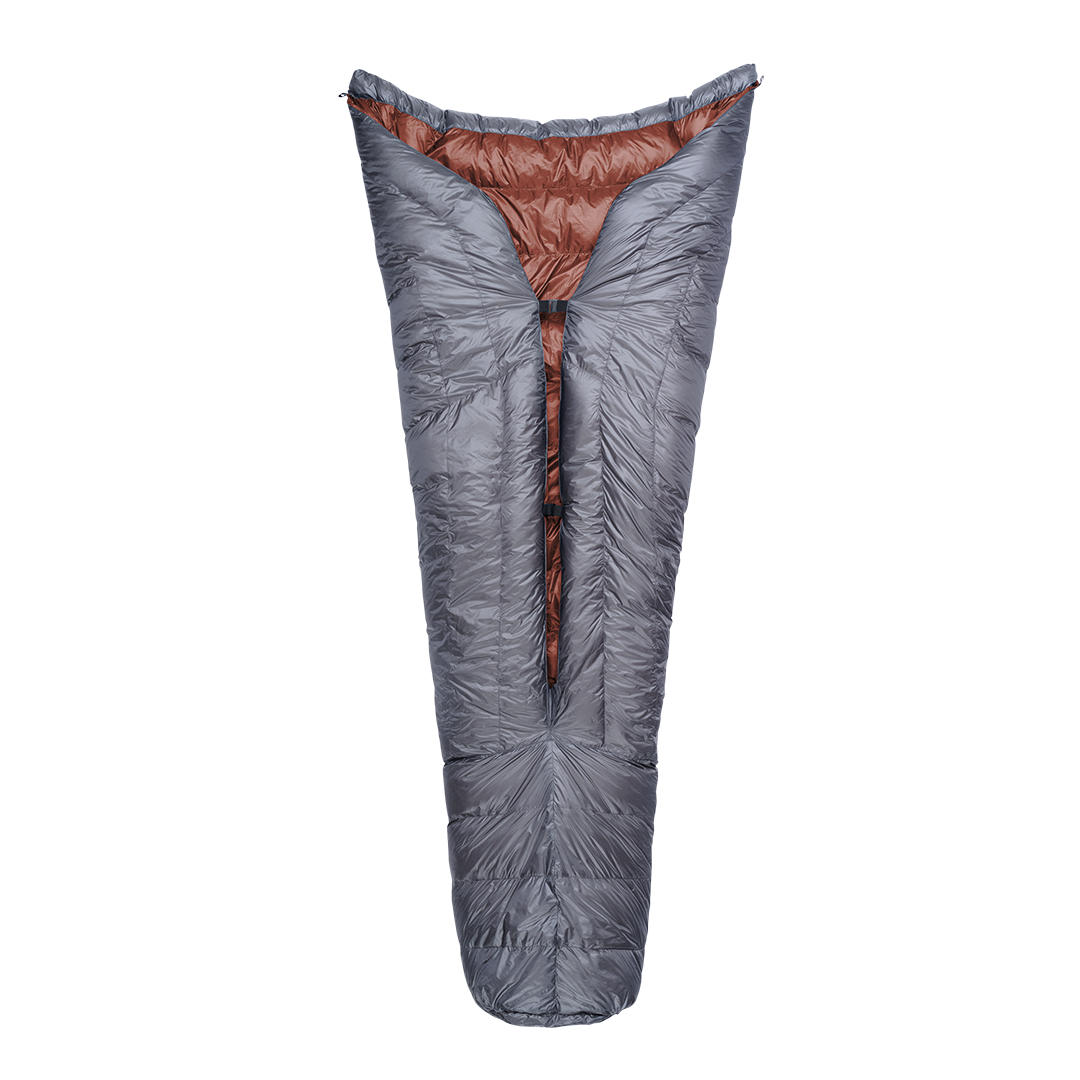 Full view of the red Outdoor Vitals StormLoft Down TopQuilt shown from the back, displaying its open-back design, pad attachment points, and tapered footbox.