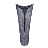Full view of the black Outdoor Vitals StormLoft Down TopQuilt shown from the back, displaying its open-back design, pad attachment points, and tapered footbox.