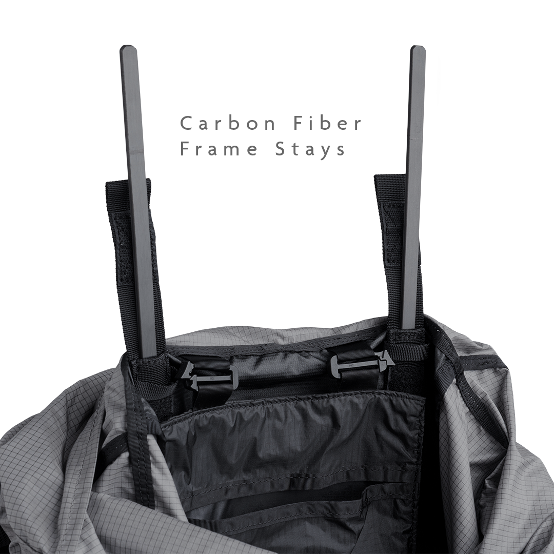 Top view of the Shadowlight 60 backpack interior showing removable carbon fiber frame stays for support and structure.