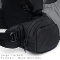Close-up of the Shadowlight 60 backpack’s hip belt pocket with zipper closure for easy-access storage on the trail.