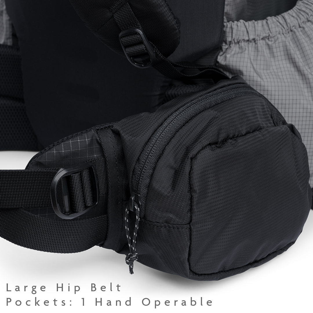 Close-up of the Shadowlight 60 backpack’s hip belt pocket with zipper closure for easy-access storage on the trail.