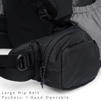 Close-up of the Shadowlight 60 backpack’s hip belt pocket with zipper closure for easy-access storage on the trail.