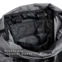 Interior view of the Shadowlight 60 backpack showing hydration bladder sleeve and clip for hydration system compatibility.