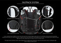 Product graphic detailing the Outdoor Vitals Skyline 30 Fastpack system features, with circular callouts showing the shoulder harness suspension, versatile harness pockets, pass-through bottom pocket, and zippered bottom pocket.