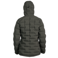 A dark gray hooded puffer jacket shown from the back, featuring horizontal quilted baffles and a high hood, photographed against a solid white background.