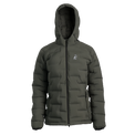 A dark gray hooded puffer jacket with a full front zipper and a small white logo on the left chest, displayed on a clean white background.