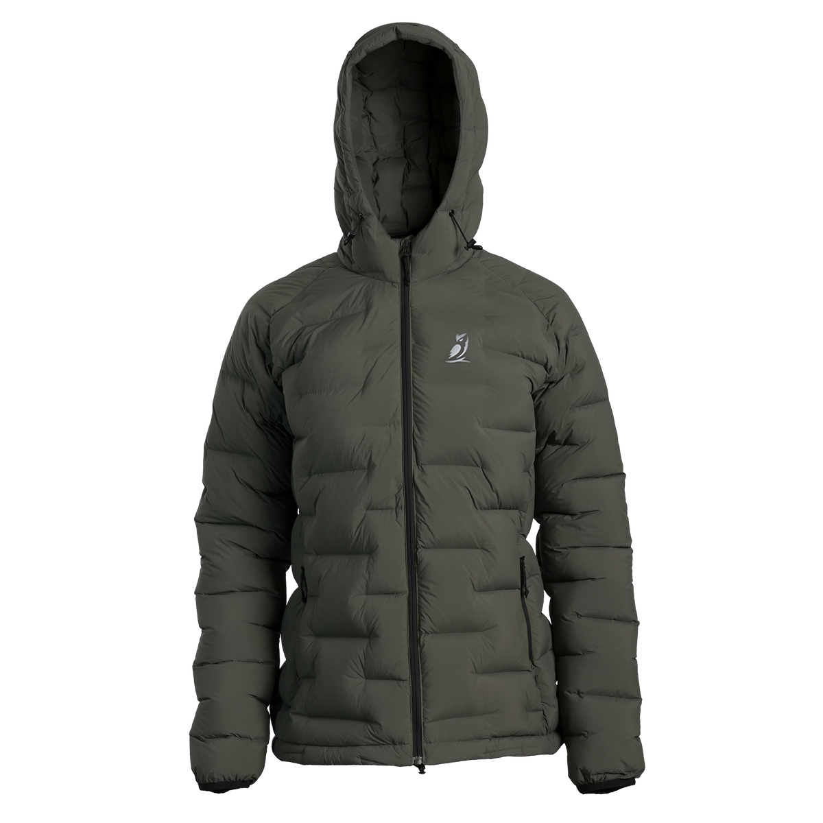 A dark gray hooded puffer jacket with a full front zipper and a small white logo on the left chest, displayed on a clean white background.