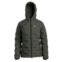 A dark gray hooded puffer jacket with a full front zipper and a small white logo on the left chest, displayed on a clean white background.