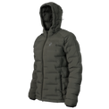 A dark gray hooded puffer jacket with horizontal quilting, shown from a three-quarters angle against a plain white background.