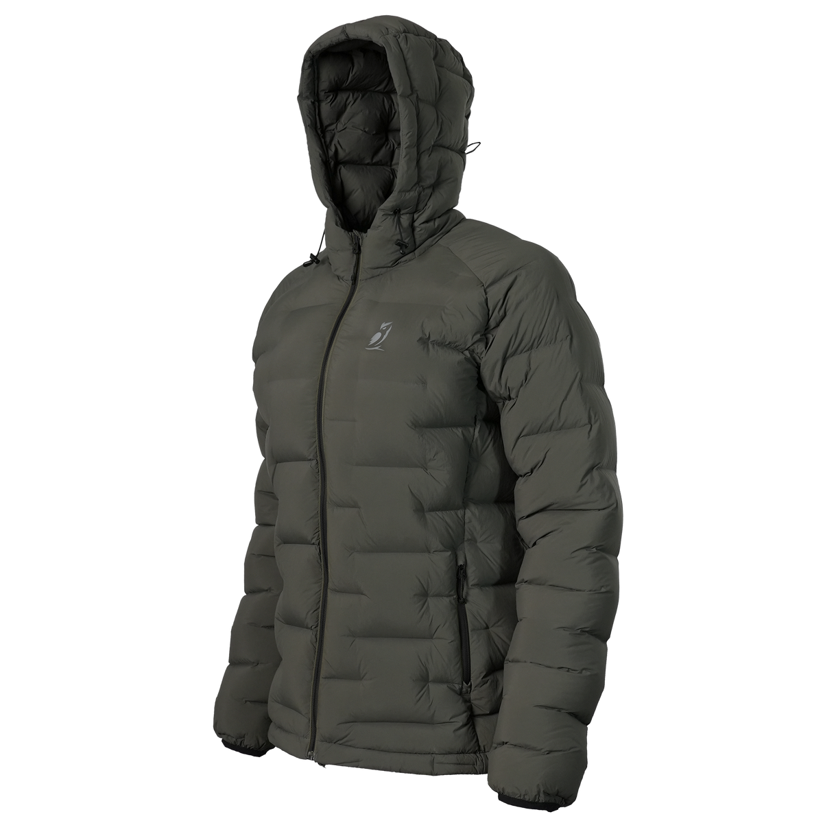A dark gray hooded puffer jacket with horizontal quilting, shown from a three-quarters angle against a plain white background.