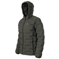 A dark gray hooded puffer jacket with horizontal quilting, shown from a three-quarters angle against a plain white background.