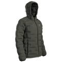 A dark gray hooded puffer jacket with horizontal quilting, shown from a three-quarters angle on a plain white background.