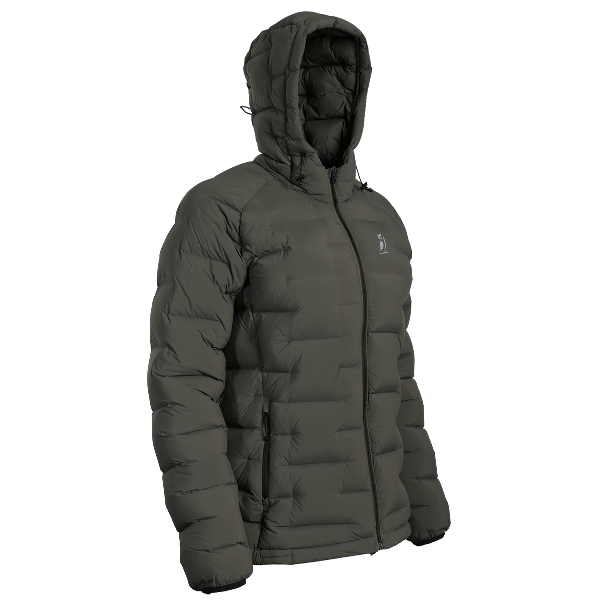 A dark gray hooded puffer jacket with horizontal quilting, shown from a three-quarters angle on a plain white background.