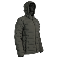 A dark gray hooded puffer jacket with horizontal quilting, shown from a three-quarters angle on a plain white background.