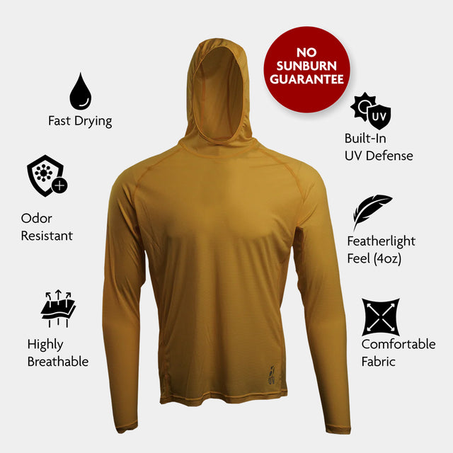 Golden - Hoodie with features listed on a white background