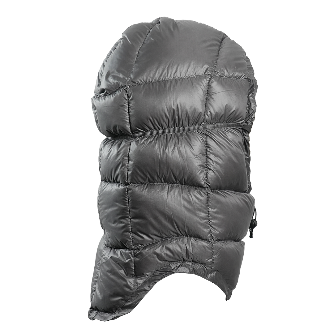 Rear view of Outdoor Vitals down insulated ultralight balaclava.