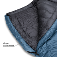 Close-up of a sleeping bag showing the dark gray interior and blue outer shell, with a callout label pointing to the zipper draft tubes on a white background.